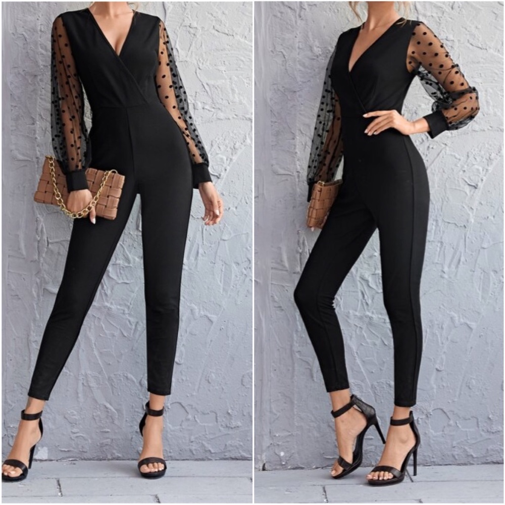 Black Polka Dot Sheer Sleeve Fitted Jumpsuit - Picture 1 of 4